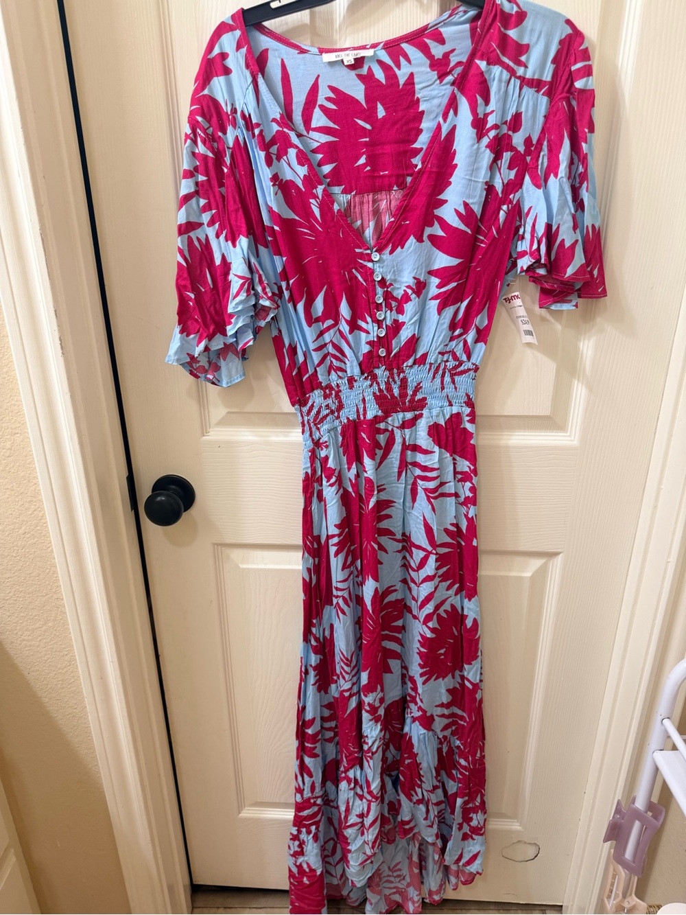 Fuchsia Floral V-Neck Maxi Dress in Light Blue